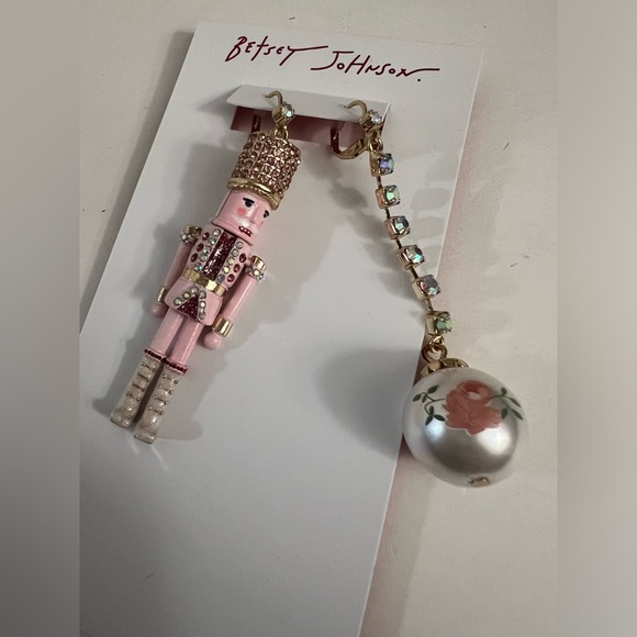 Betsey Johnson Pink Nutcracker & Ball Rhinestone Pendant Necklace & Earrings set - Picture 14 of 16